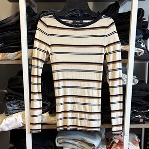 Theory Women's Long Sleeve Top with Cream, Navy, and Brown Stripes